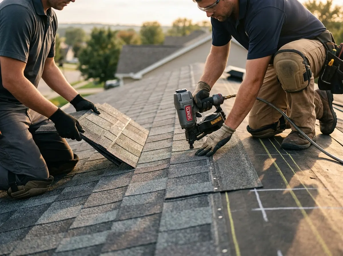 Professional roofer working on a residential roof in Alma